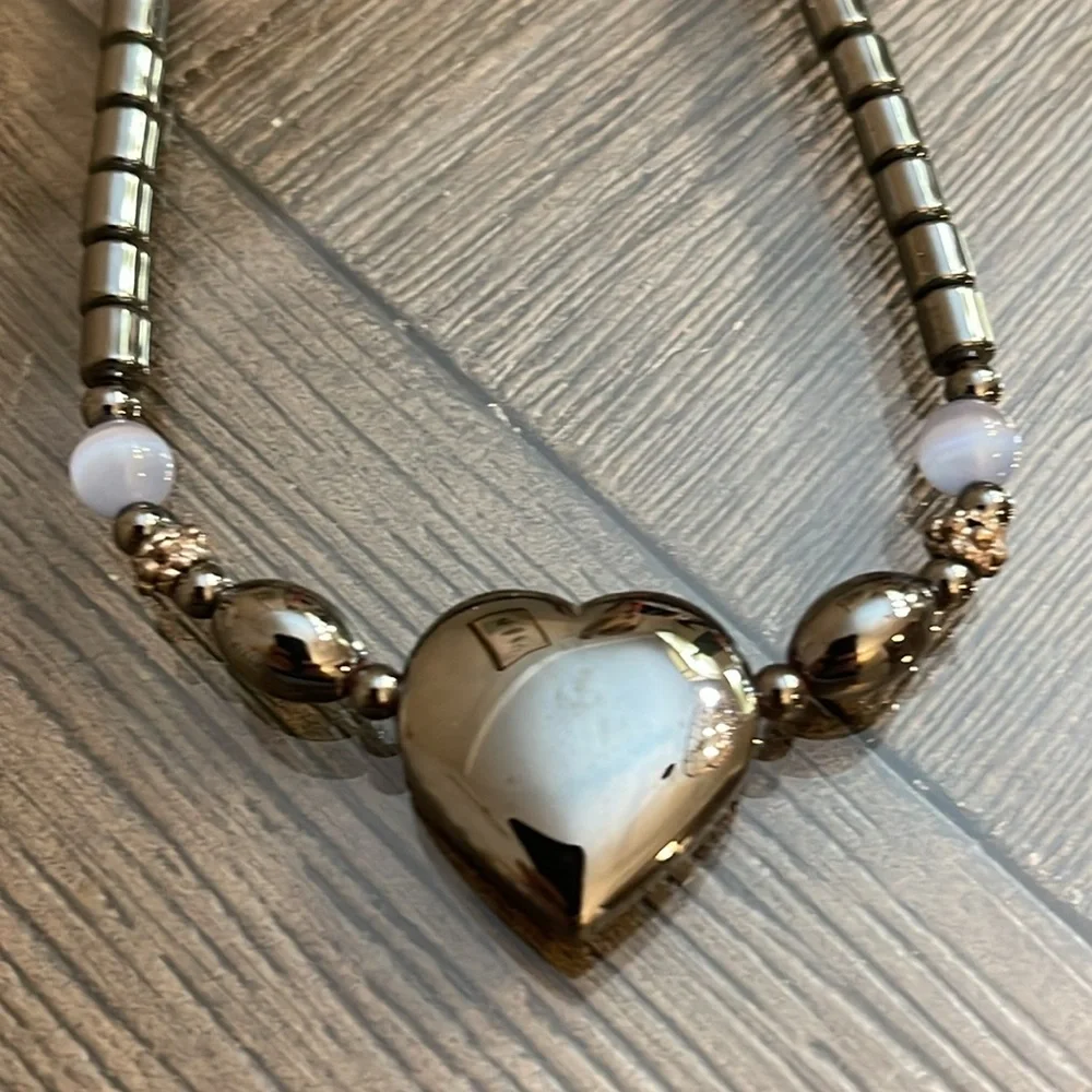 Vintage Hematite Beautiful Heart Accent Beaded Pendant Necklace with Bracelet